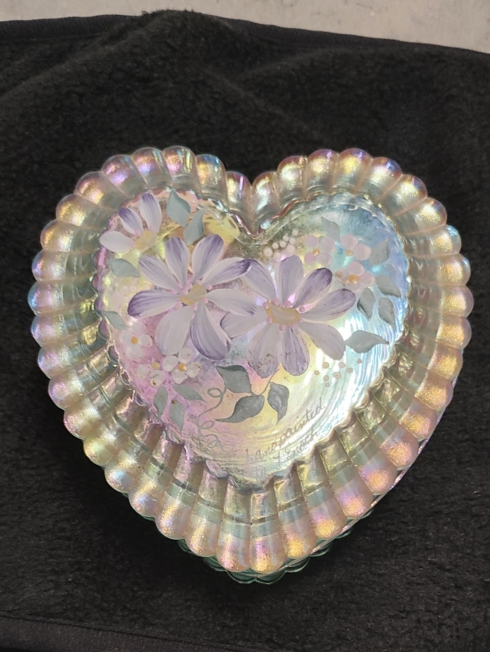Fenton Iridescent Heart-Shaped Decorative Dish with Hand-Painted Flowers